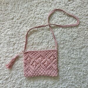 Pink Macrame Boho Crossbody Bag with Tassle and Zipper Closure